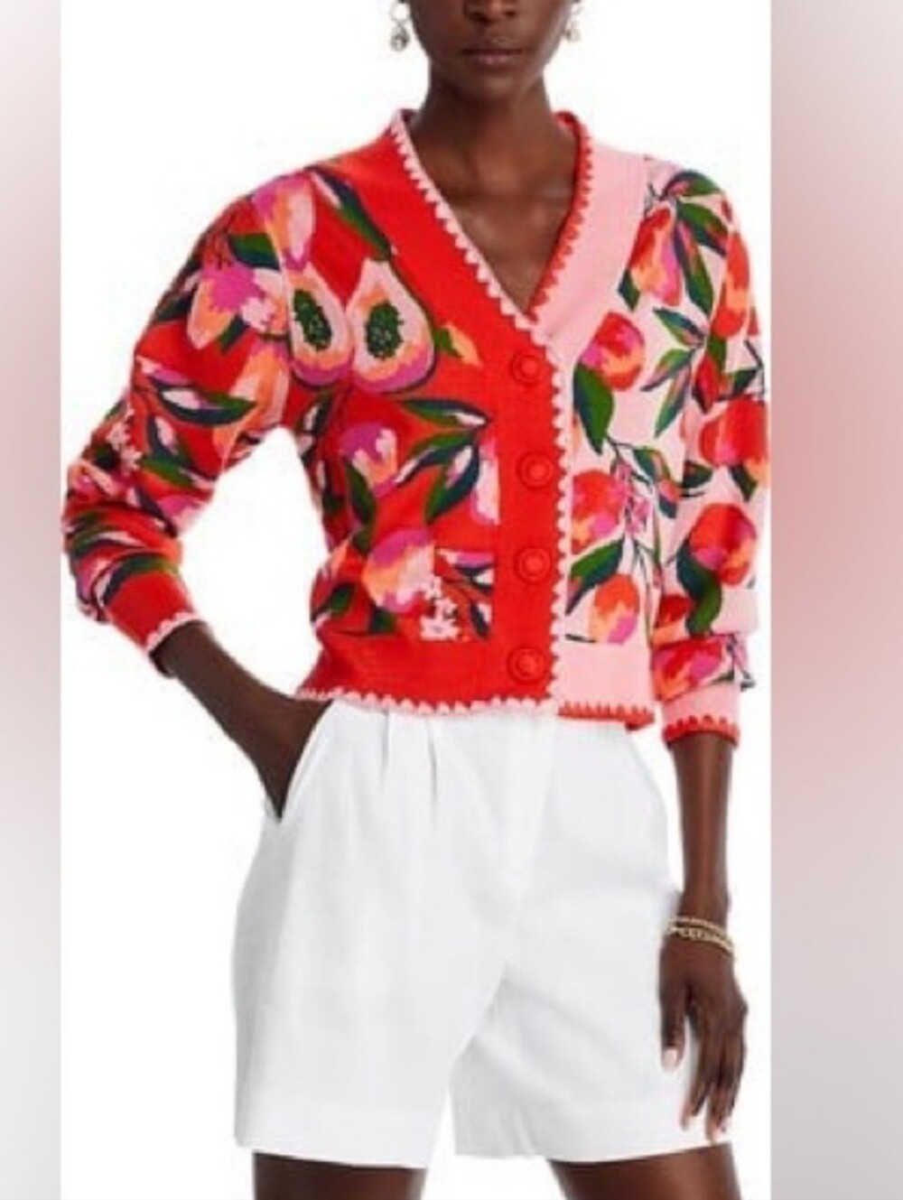 FARM RIO Mixed Papaya Knit Vibrant Red Pink Long Sleeve Cardigan Small NWOT - Picture 3 of 15